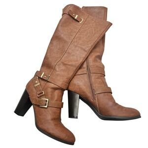 G by GUESS Womens Cognac Brown Buckle Tall Riding Boots Block Heel Size 11M
